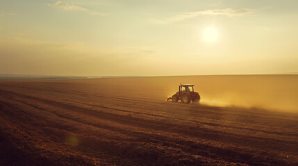 Fototapeta premium Plowing agriculture field with tractor, rising dust under warm sky
