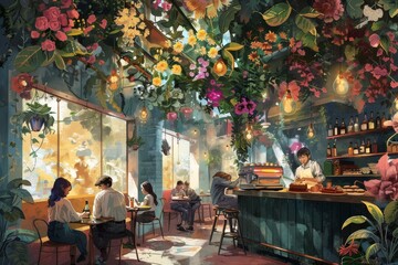 A charming, cozy illustration of a busy cafe where customers enjoy their coffee and pastries beneath a canopy of flowering vines, and the walls are adorned with colorful floral murals 