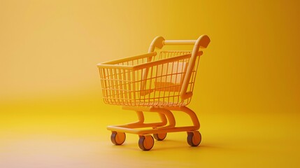 A bright yellow shopping cart on a vivid yellow background, symbolizing retail and consumerism. Perfect for e-commerce and marketing concepts.