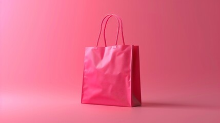 A pink shopping bag is placed against a matching pink background, showcasing minimalistic design and simplicity. Perfect for retail or branding use.