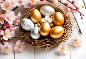 A nest filled with golden and silver Easter eggs with a white plum flower on a white wooden table background