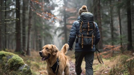 Man and his golden retriever hiking in the woods.