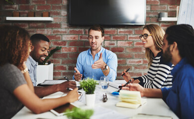 Meeting, boardroom and teamwork in office, manager or presentation in workplace. Planning, strategy...