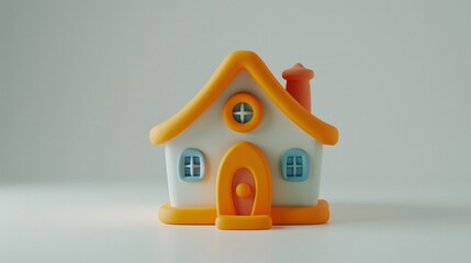 Close-up of a small, colorful toy house with orange roof, blue windows, and a chimney against a plain background.