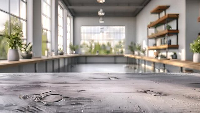 A rustic wooden table sits empty in a bright, modern industrial kitchen filled with natural light and surrounded by large windows and shelves.