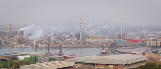 Aerial view of the industrial and port area of Ravenna ,chemical and petrochemical...