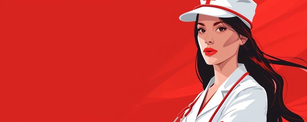 A beautiful young nurse wearing a white hat and red cape stands against a red background.