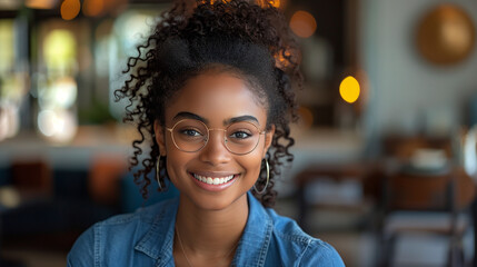 Obraz premium Teenage Black Woman Portrait with Glasses in Blue Shirt in Interior. Smile and happy
