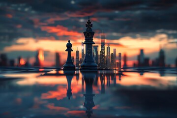 A chessboard with a king and a pawn in the foreground and a city skyline in the background.
