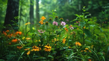 Vibrant wildflowers blooming amidst the dense foliage of a lush green forest.