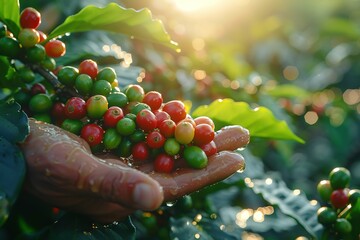 A closeup of hands picking coffee beans from the tree, with green and red cherries hanging on it.