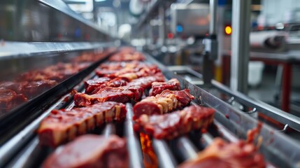 Automated production line in modern food factory.Factory for the production of food from meat.Industrial equipment at a meat factory.