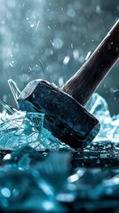 A hammer smashes through a pane of glass, sending shards flying.