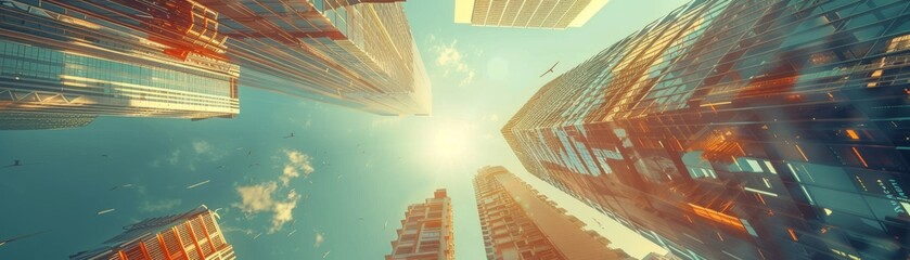 Futuristic towers expanding skyward with a clear sky background close up, focus on, copy space Radiant urban skyline Double exposure silhouette with calmness