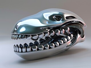 A highly detailed render of a chrome T-Rex skull with a steampunk theme.