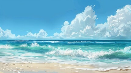 Tranquil beach scene with clear blue water and gentle waves.