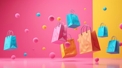 Colorful shopping bags floating amid playful spheres on a vibrant, multicolored background, highlighting excitement and fun of shopping.
