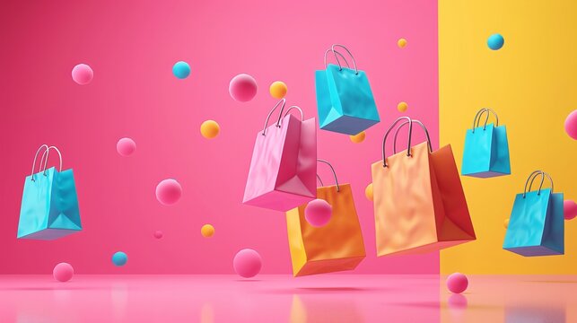 Colorful shopping bags floating amid playful spheres on a vibrant, multicolored background, highlighting excitement and fun of shopping.