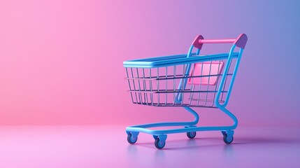 Colorful shopping cart against a pink and blue gradient background symbolizing modern retail and shopping trends.