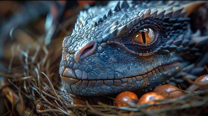 Fototapeta premium Dragon guarding its eggs in a nest, closeup shot, detailed scales and intense gaze, mystical atmosphere
