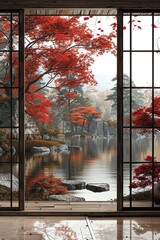 Elegant Japanese interior with open view of a serene garden, featuring a red maple tree