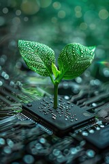 Small plant growing on a microchip, symbolizing green technology