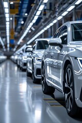 Sleek white cars lined up in a modern, brightly lit factory, clean and organized