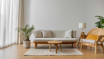 White sofa on wooden parquet. Minimalist, scandinavian home interior design of modern living room. landscape in window Nordic home interior illustration