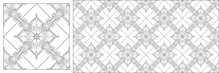 Seamless vector pattern illustration, line art, intricate hand-drawn mandala design with floral and swirling elements. Ideal for textiles, wallpapers, and coloring books. Isolated on white background