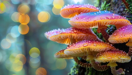 Vibrant mushrooms on a tree in a forest, closeup with bokeh effect, highlighting their unique colors