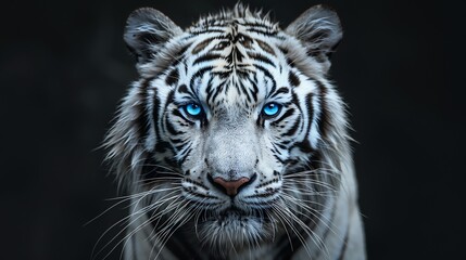 White tiger with piercing blue eyes, prowling forward against a stark black background, intense gaze © Creative_Bringer