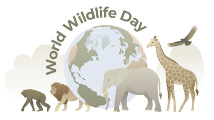 World Wildlife Day concept with wild animals and earth. Mammals and globe flat vector illustration on white background. Design for banner, postcard, flyer.