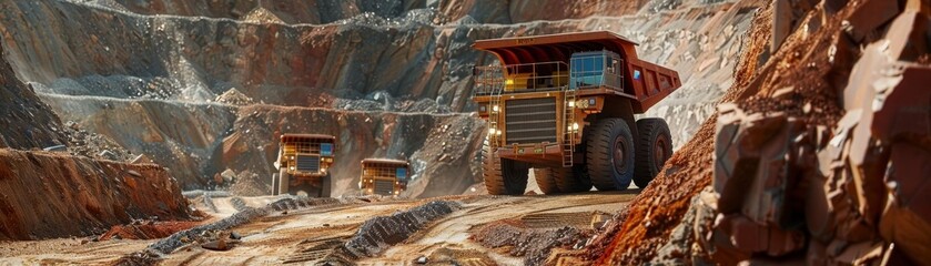 Obraz premium Photo of colorful mining trucks and machinery in a gold mine