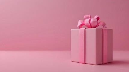 Elegant pink gift box with a ribbon bow on a pink background, perfect for celebrations, birthdays, and special occasions.