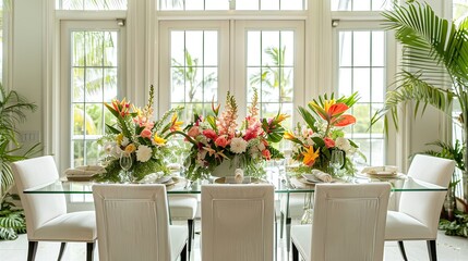 sleek summer dining area featuring a glass-top table, white linen chairs, and tropical floral arrangements, surrounded by tall windows letting in ample sunlight