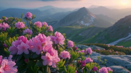 Fototapeta premium A mountain range with a field of pink flowers