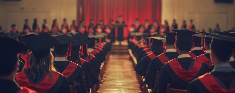 A group of graduates dressed in caps and gowns sitting in an auditorium during a graduation ceremony, listening to a speaker on stage.
