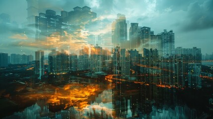 Fototapeta premium Modern city buildings crumbling with a gloomy sky close up, focus on, copy space Intense architectural details Double exposure silhouette with sadness