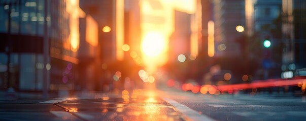Obraz premium A stunning view of a city street during sunset, with blurred lights and reflections creating a beautiful urban atmosphere.