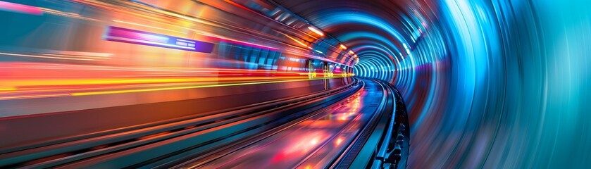 Speed motion in tunnel. Abstract blurred background of colorful speed motion in futuristic tunnel with train