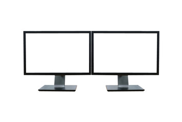 Front shot of dual blank white screen display computer monitor isolated on white background