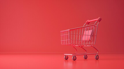 Minimalist image of an empty red shopping cart isolated on a matching red background, symbolizing retail, commerce, or marketing concepts.