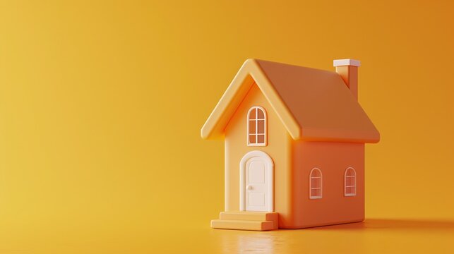 Minimalist orange house model against a bright orange background, symbolizing home, real estate, and architecture in a modern style.