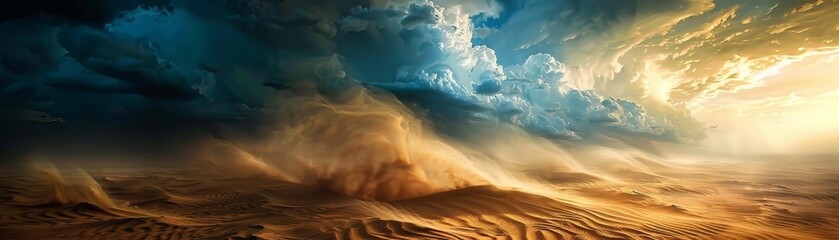 Dramatic desert storm with swirling sand dunes under ominous skies, capturing the powerful forces of nature and the beauty of the arid landscape.