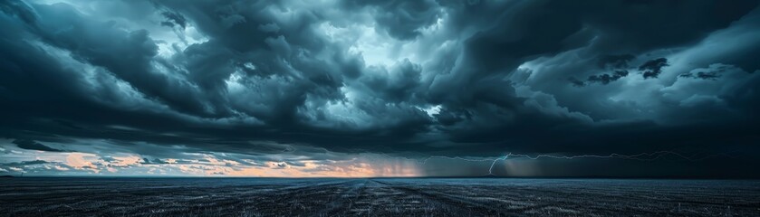 Obraz premium Dramatic storm clouds gather over a barren landscape, creating a powerful and ominous atmosphere.