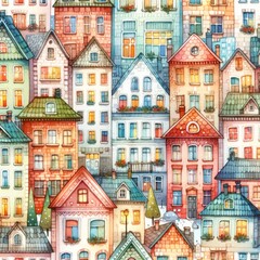 Fototapeta premium Whimsical village and town house illustrations featuring colorful and cozy homes. Watercolor pattern Illustration background.