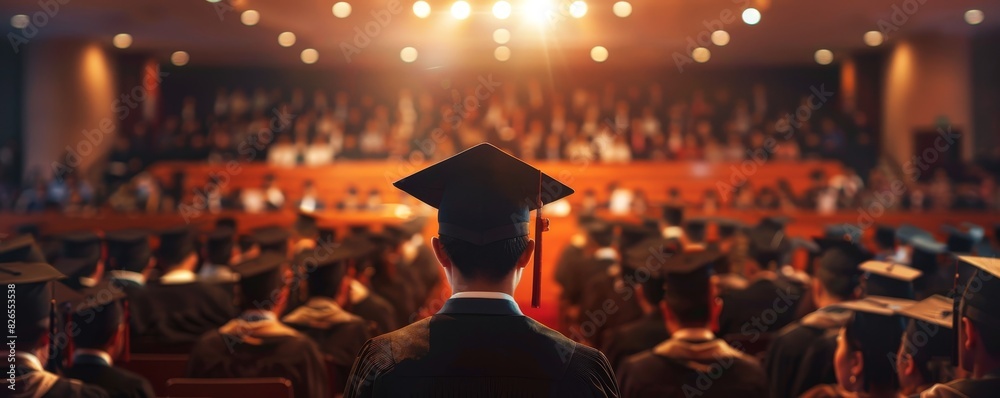 Wall mural Graduation ceremony with students in caps and gowns, view from behind, capturing the moment of achievement and celebration in an academic setting.