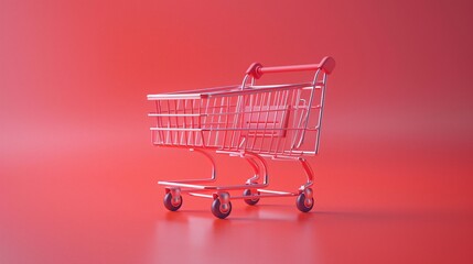 Minimalist shopping cart on an all-red background, symbolizing e-commerce and retail shopping, with a modern, sleek design.