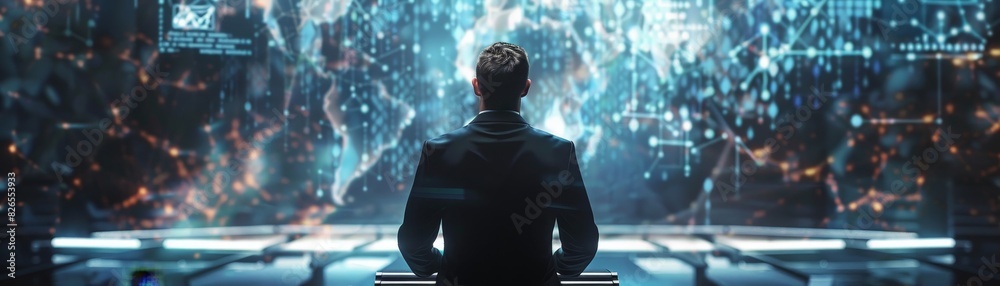 Poster man looking at a futuristic digital display screen filled with data and abstract visual elements, sy