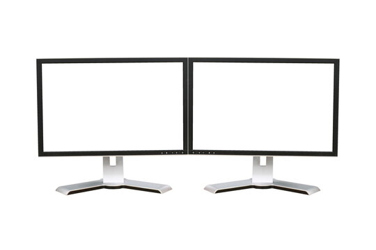 Front shot of dual blank white screen display computer monitor isolated on white background
